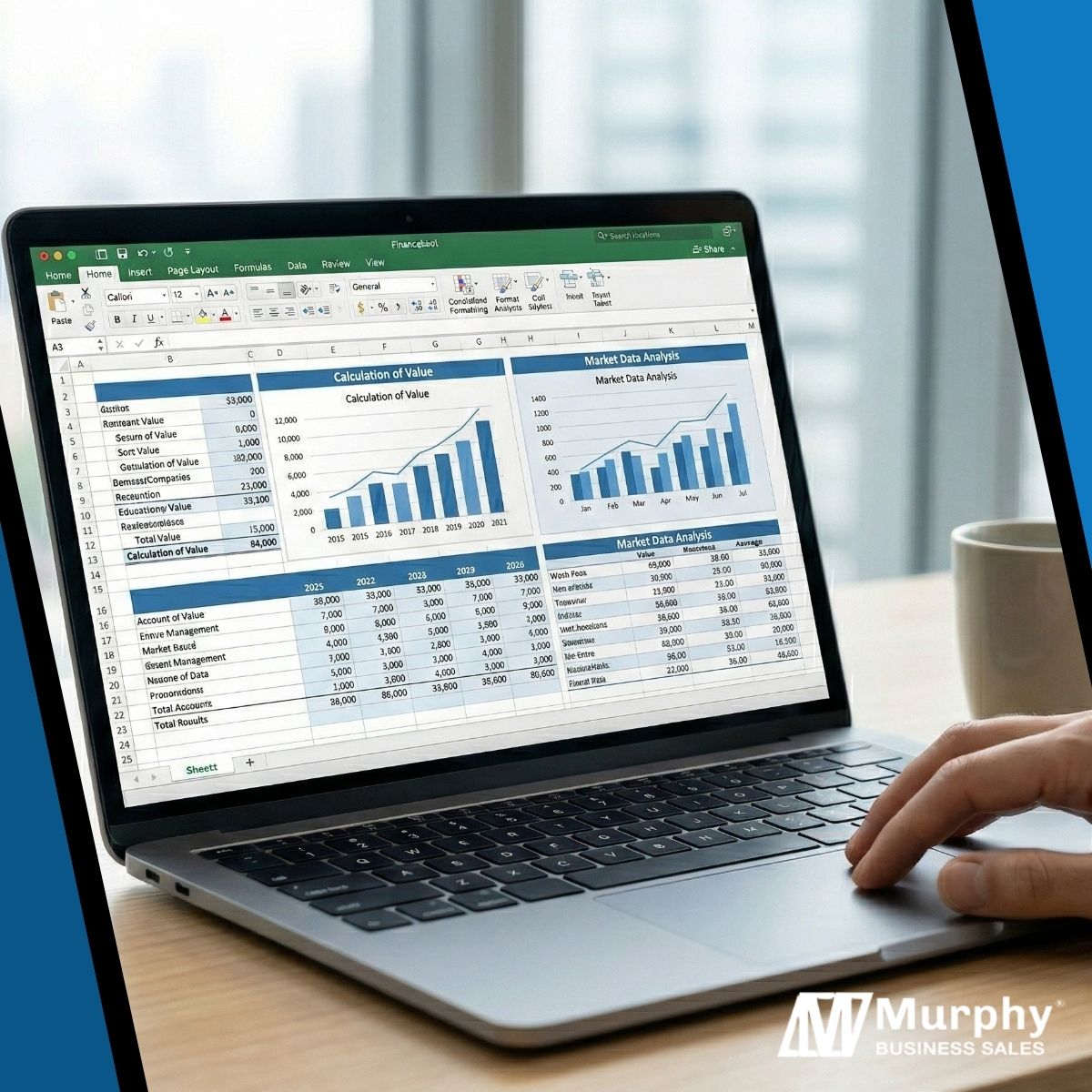 professional spreadsheet on a laptop screen with graphs for 'Calculation of Value' and 'Market Data Analysis