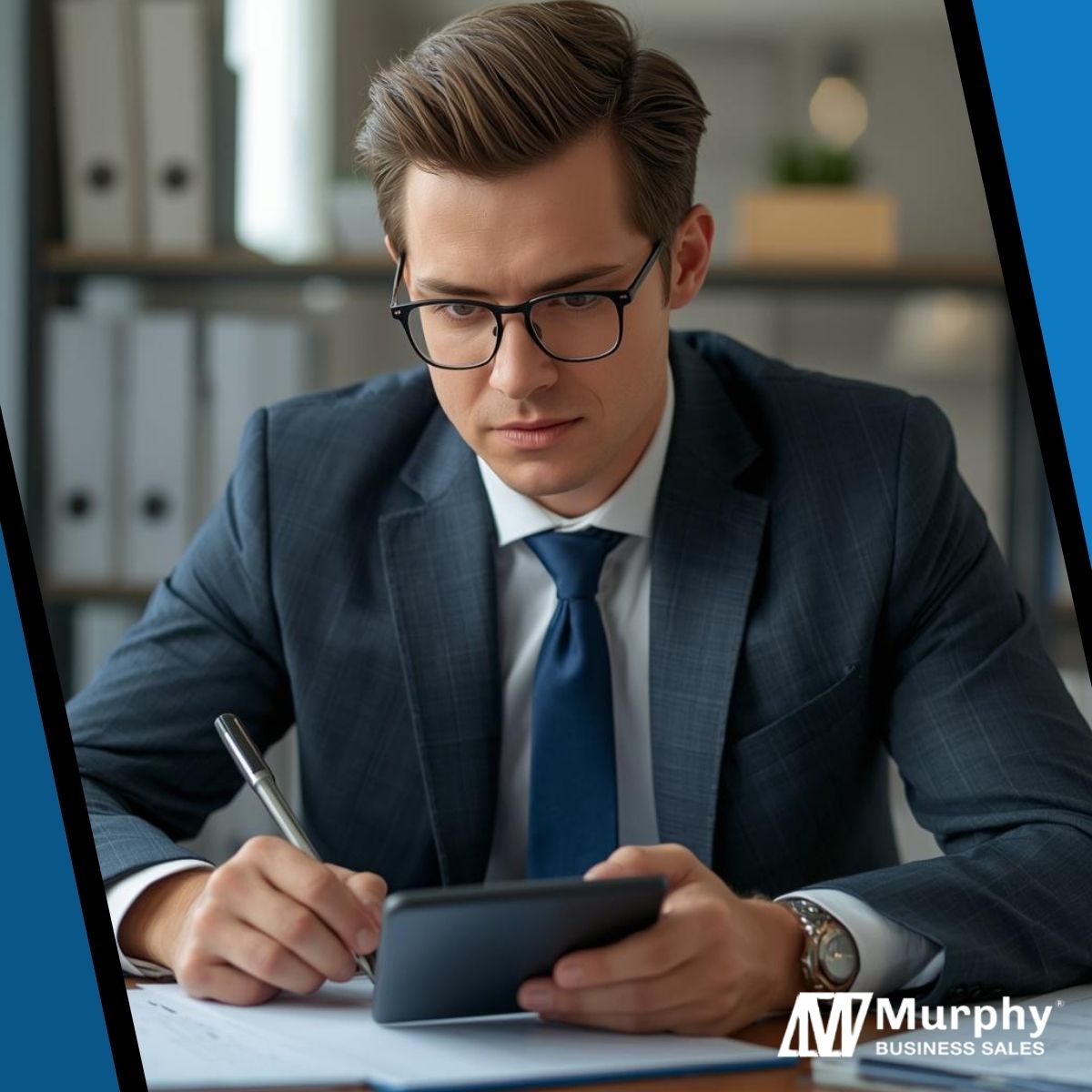 professional headshot of an appraiser, detail-oriented like the analyst in image_0.png, using a calculator and taking notes for a business appraisal checklist.