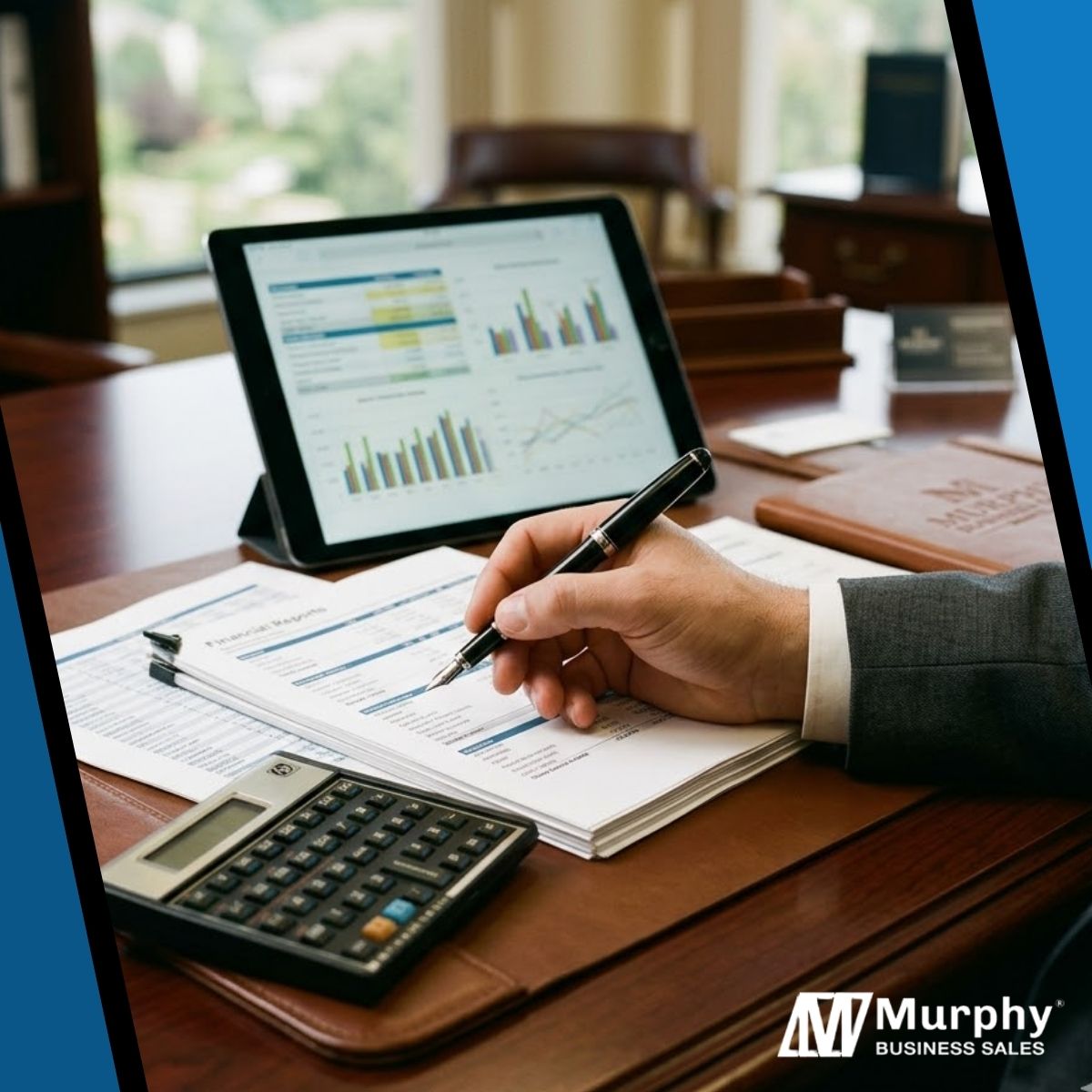 A business professional analyzing financial reports and charts with a high-end calculator