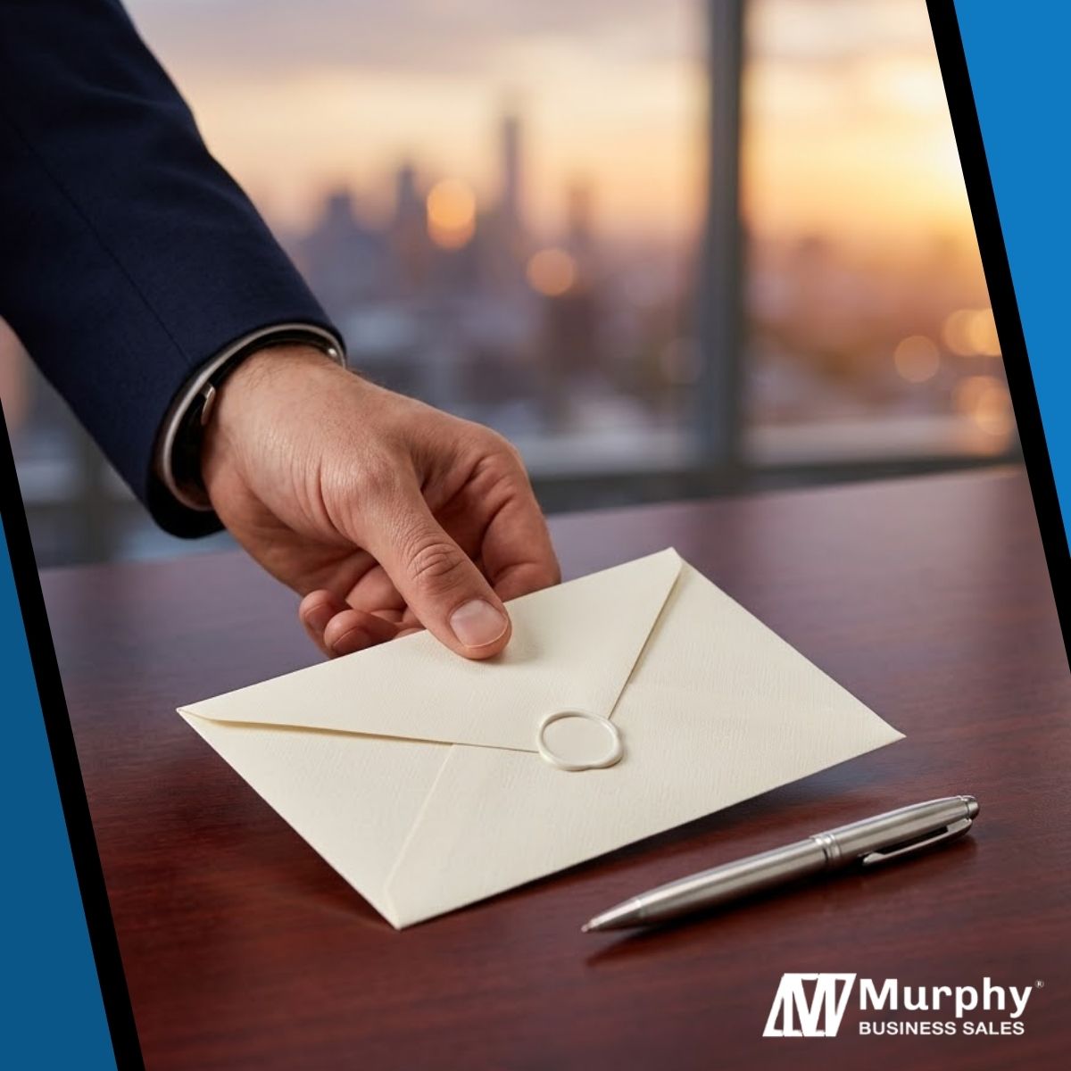 A sealed envelope and a fine pen on a mahogany desk, representing a discreet transaction