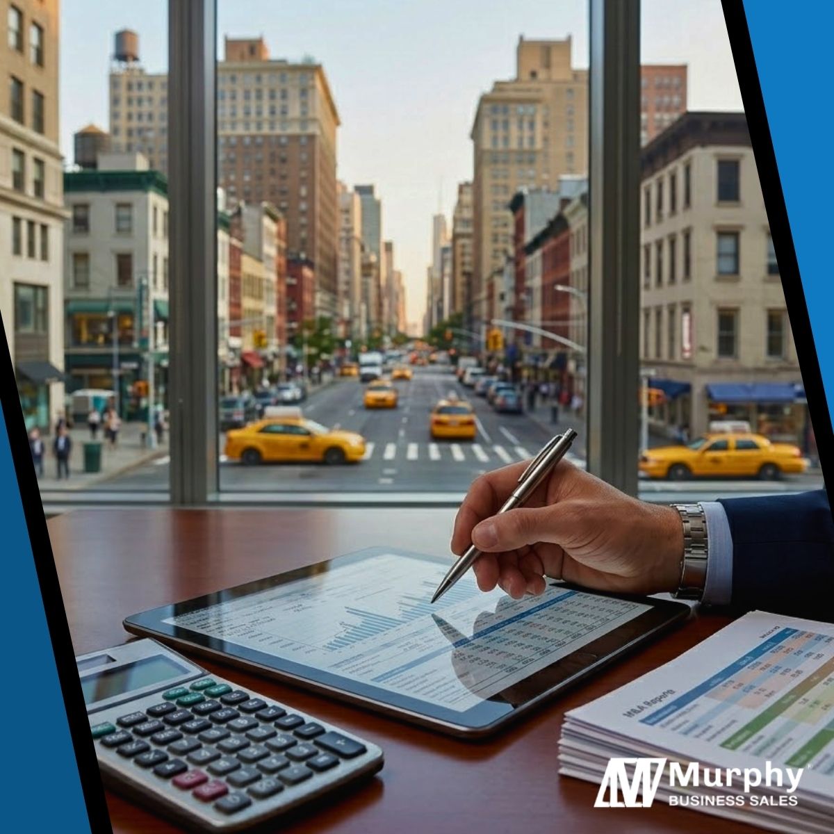 A broker reviewing M&A financial data on a tablet with blurred yellow taxis in the background